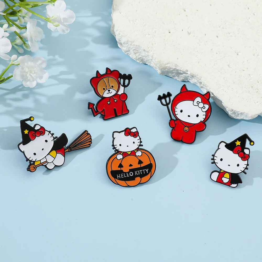 6 Spooky Cute Halloween Pumpkin Brooches – Hello Kitty Magic Enamel Pins for Backpacks & Clothes!