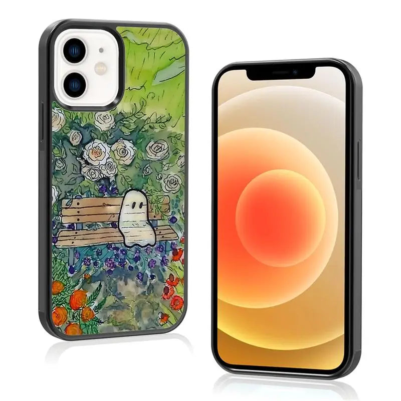 Cute Small Spooky Halloween Ghost Flower Ghost iPhone Case Non-Slip Pattern Design, Soft Silica Gel Frame Support Phone Case