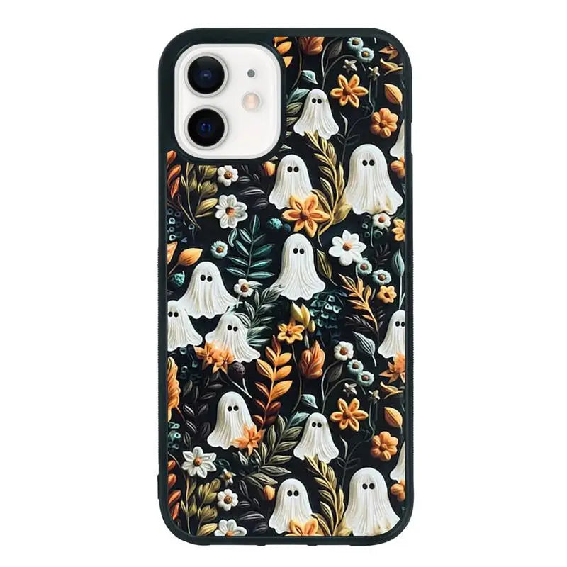 Cute Small Spooky Halloween Ghost Flower Ghost iPhone Case Non-Slip Pattern Design, Soft Silica Gel Frame Support Phone Case