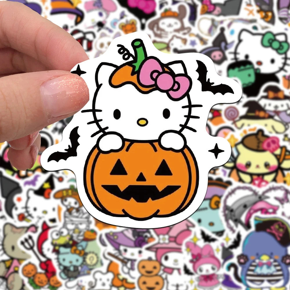 52PCS Cute Halloween Sanrio Stickers – Cartoon Decals for Luggage, Laptop, Phone, Car, Bike Featuring Hello Kitty & Kuromi