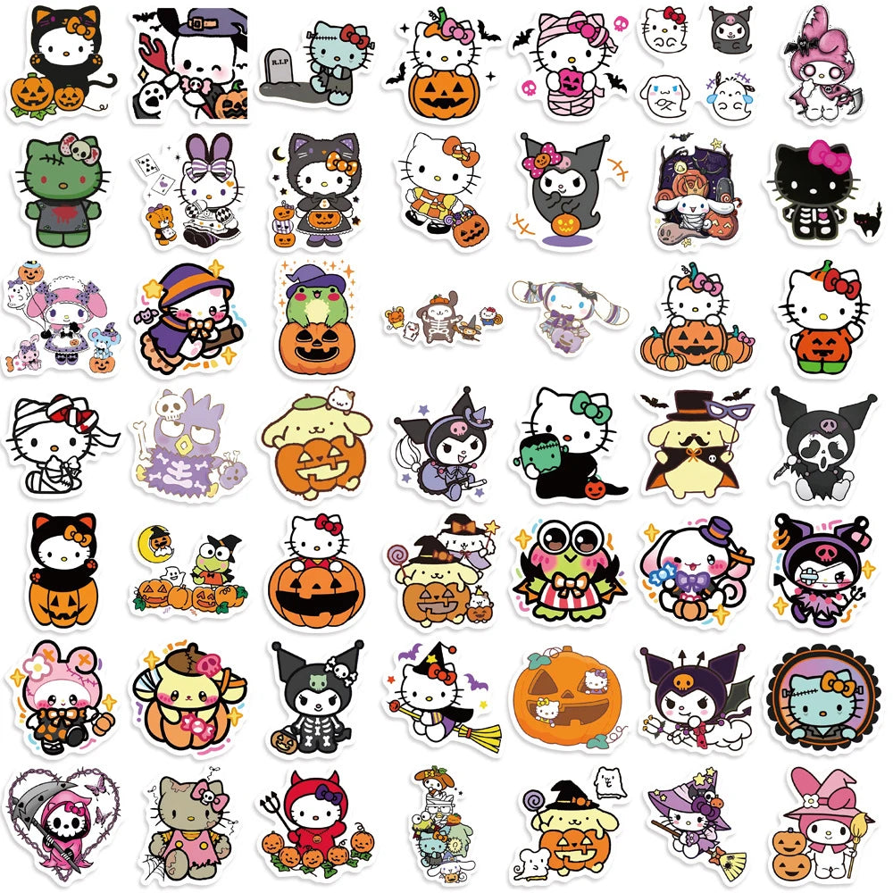 52PCS Cute Halloween Sanrio Stickers – Cartoon Decals for Luggage, Laptop, Phone, Car, Bike Featuring Hello Kitty & Kuromi