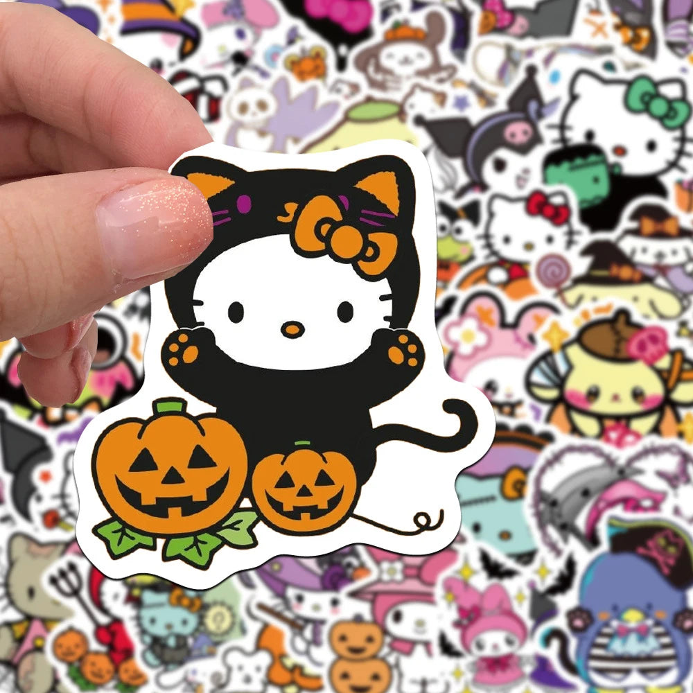 52PCS Cute Halloween Sanrio Stickers – Cartoon Decals for Luggage, Laptop, Phone, Car, Bike Featuring Hello Kitty & Kuromi